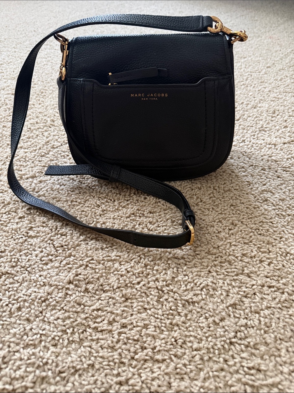 Marc Jacobs Black Pebbled Leather Saddle Crossbody with Gold Hardware